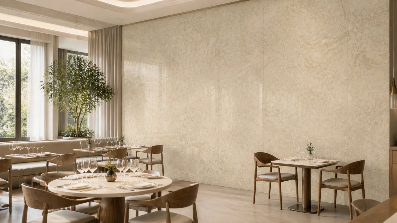 Honey Beige Flowing Wave Vein Recycled Marble Sintered Stone Slabs for Restaurant Feature Walls thumbnail 3