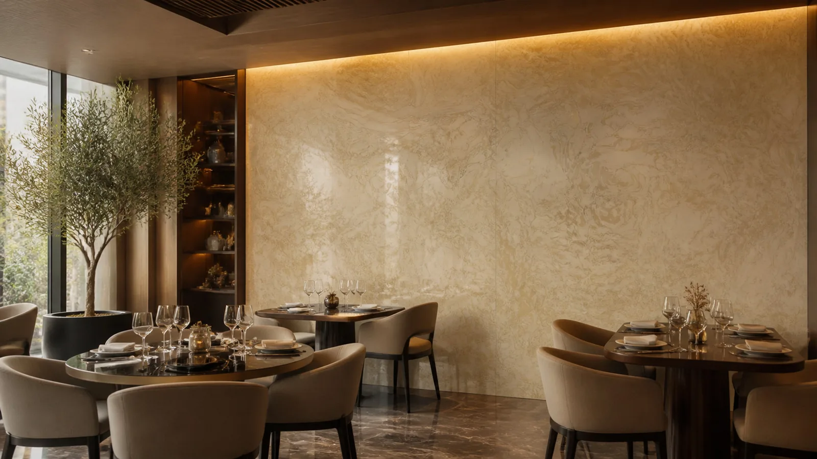 Honey Beige Flowing Wave Vein Recycled Marble Sintered Stone Slabs for Restaurant Feature Walls thumbnail 4