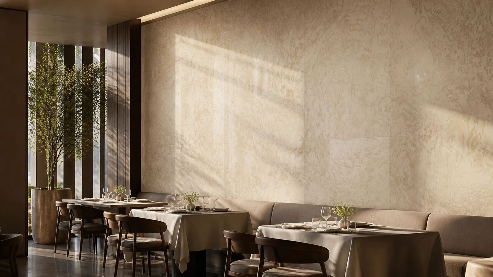 Honey Beige Flowing Wave Vein Recycled Marble Sintered Stone Slabs for Restaurant Feature Walls thumbnail 5