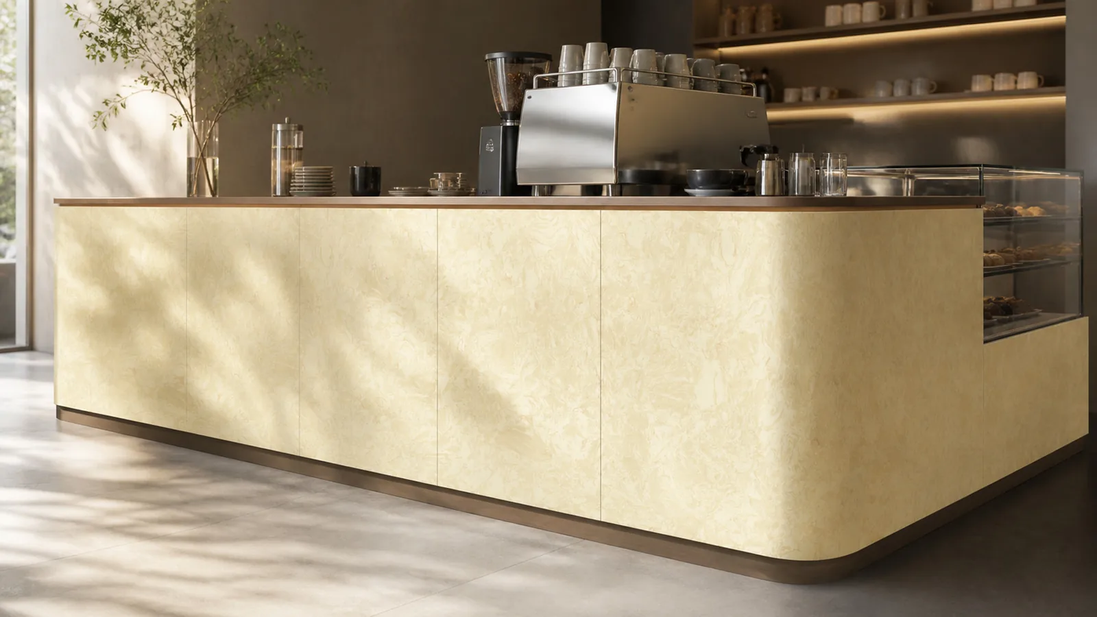 Butter Cream Rich Swirl Vein Recycled Marble Sintered Stone Slabs for Cafe Counter Fronts thumbnail 5