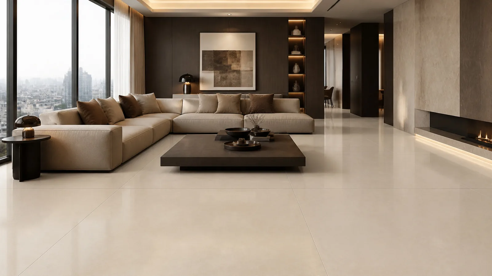 Warm Beige Subtle Mist Vein Recycled Marble Sintered Stone Slabs for Apartment Floors thumbnail 4