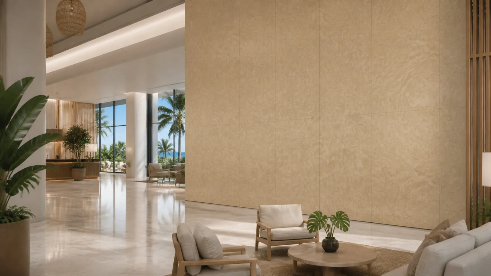 Caramel Beige Layered Swirl Vein Recycled Marble Sintered Stone Slabs for Resort Lobby Walls thumbnail 3