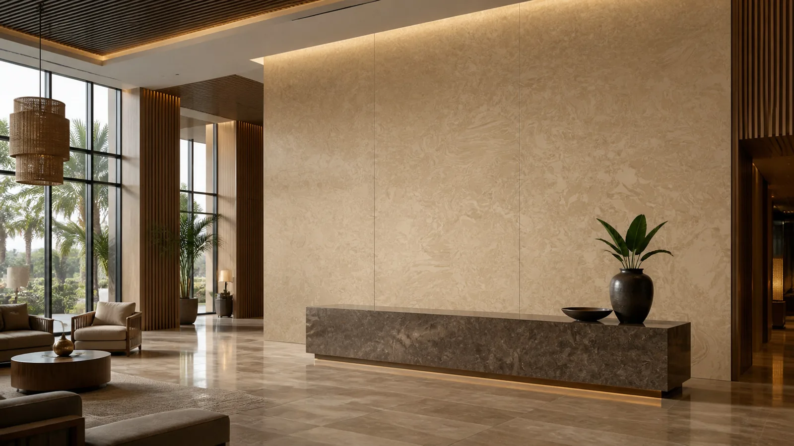 Caramel Beige Layered Swirl Vein Recycled Marble Sintered Stone Slabs for Resort Lobby Walls thumbnail 4