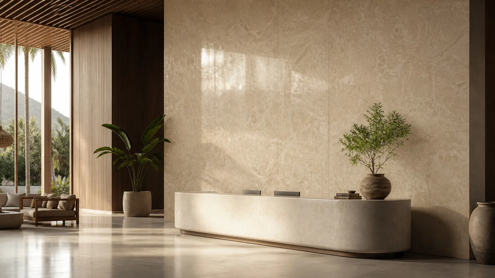 Caramel Beige Layered Swirl Vein Recycled Marble Sintered Stone Slabs for Resort Lobby Walls thumbnail 5