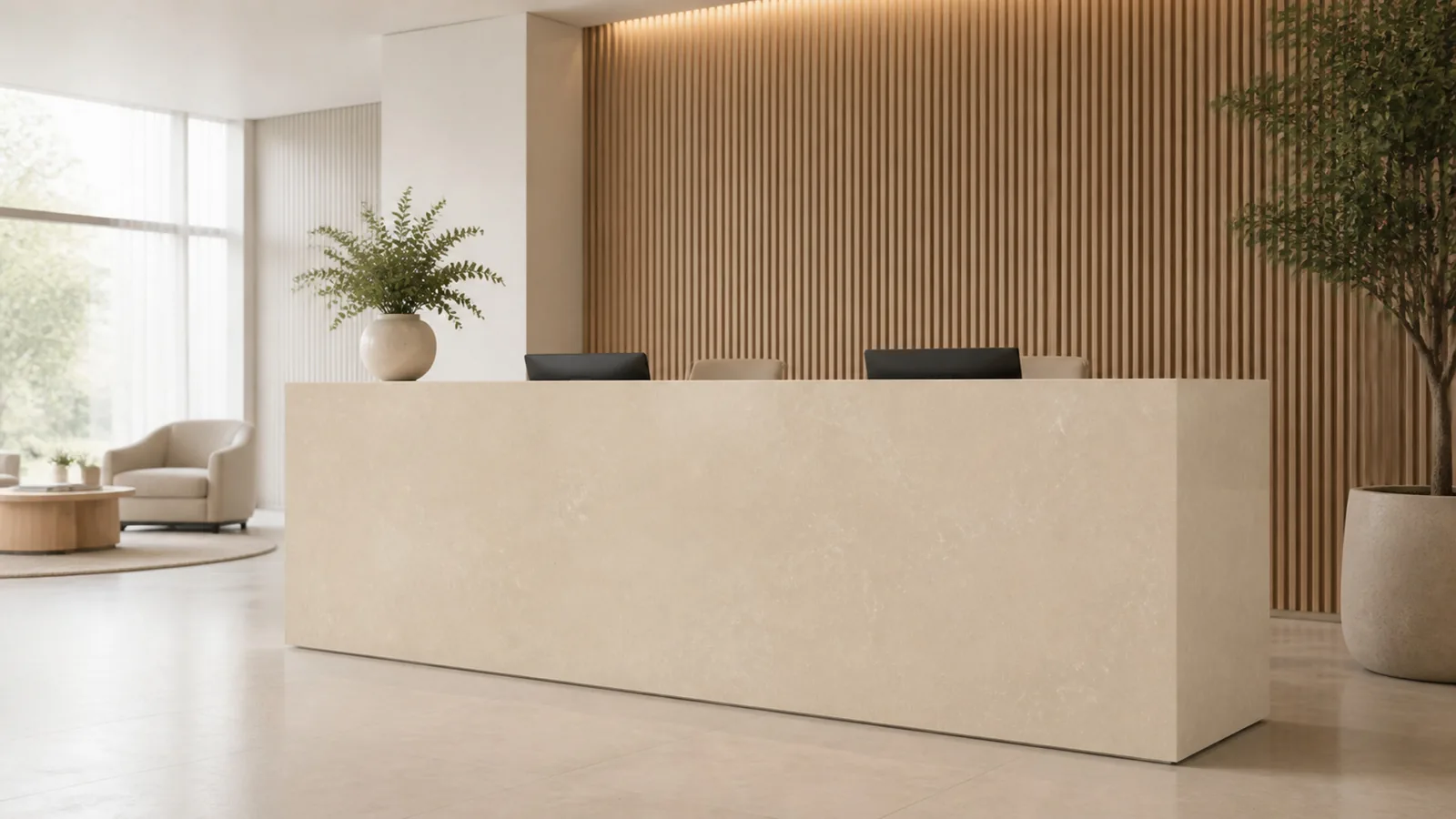 Honey Beige Delicate Wispy Vein Recycled Marble Sintered Stone Slabs for Reception Counters thumbnail 3