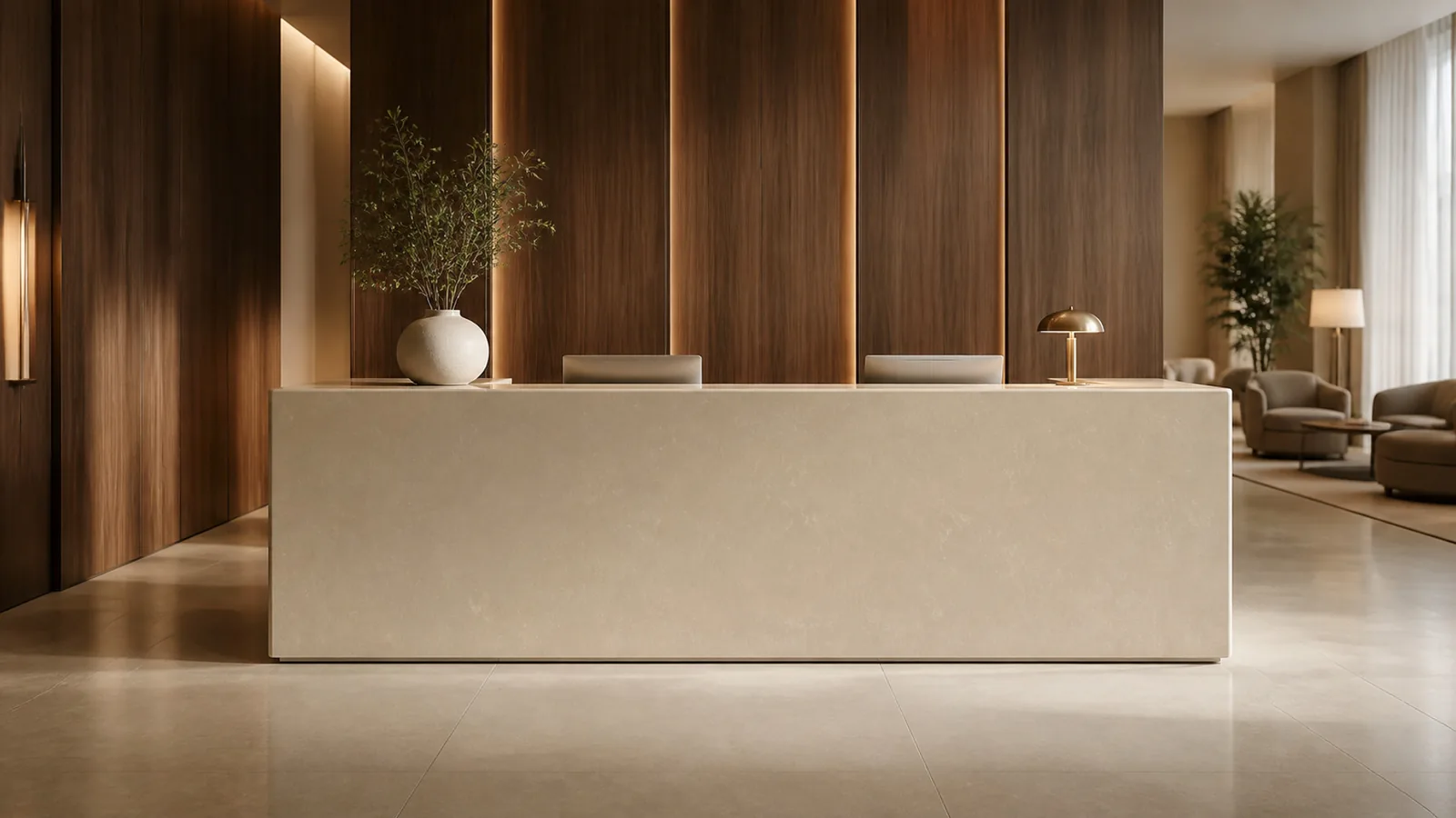 Honey Beige Delicate Wispy Vein Recycled Marble Sintered Stone Slabs for Reception Counters thumbnail 4