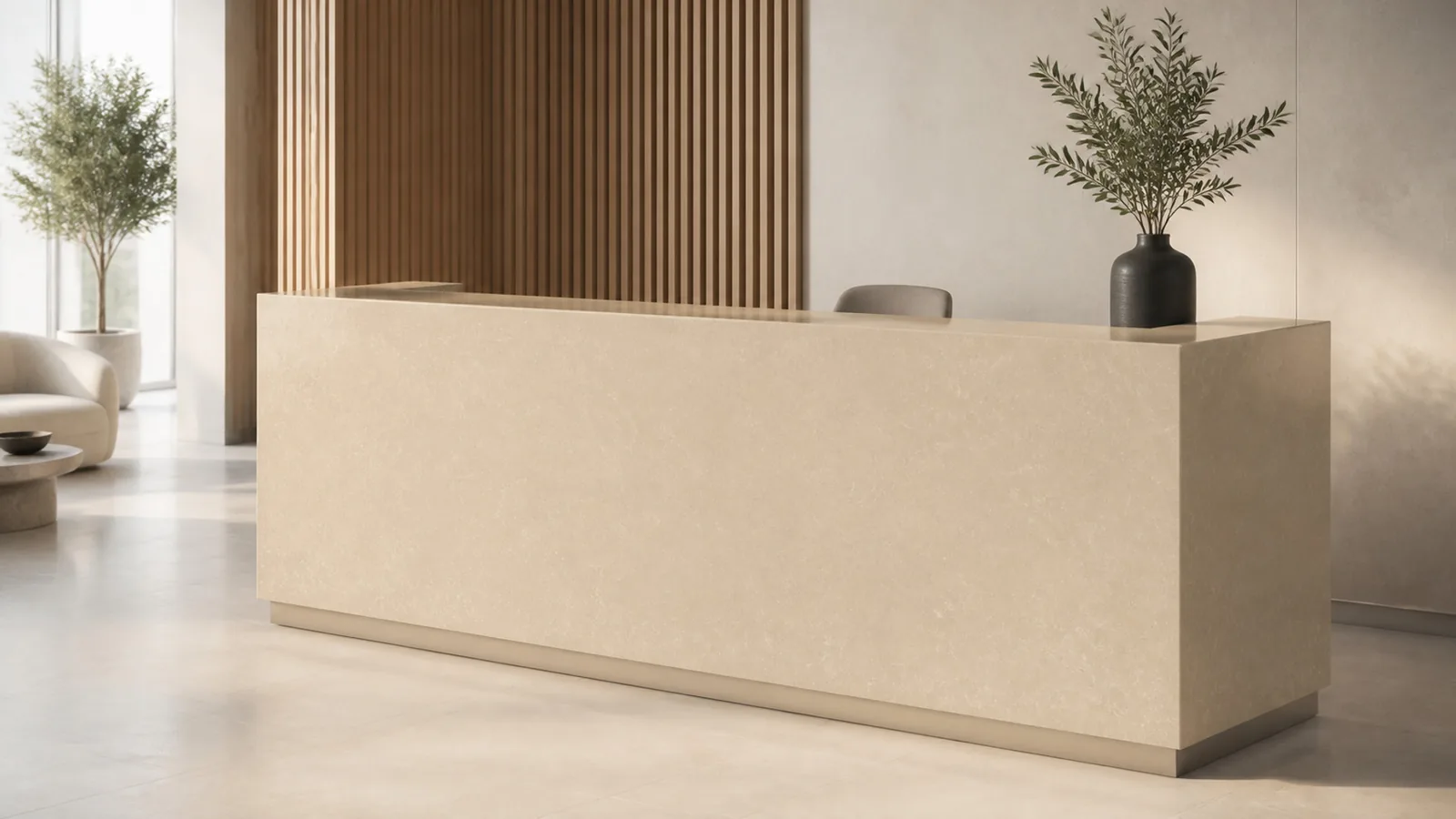 Honey Beige Delicate Wispy Vein Recycled Marble Sintered Stone Slabs for Reception Counters thumbnail 5