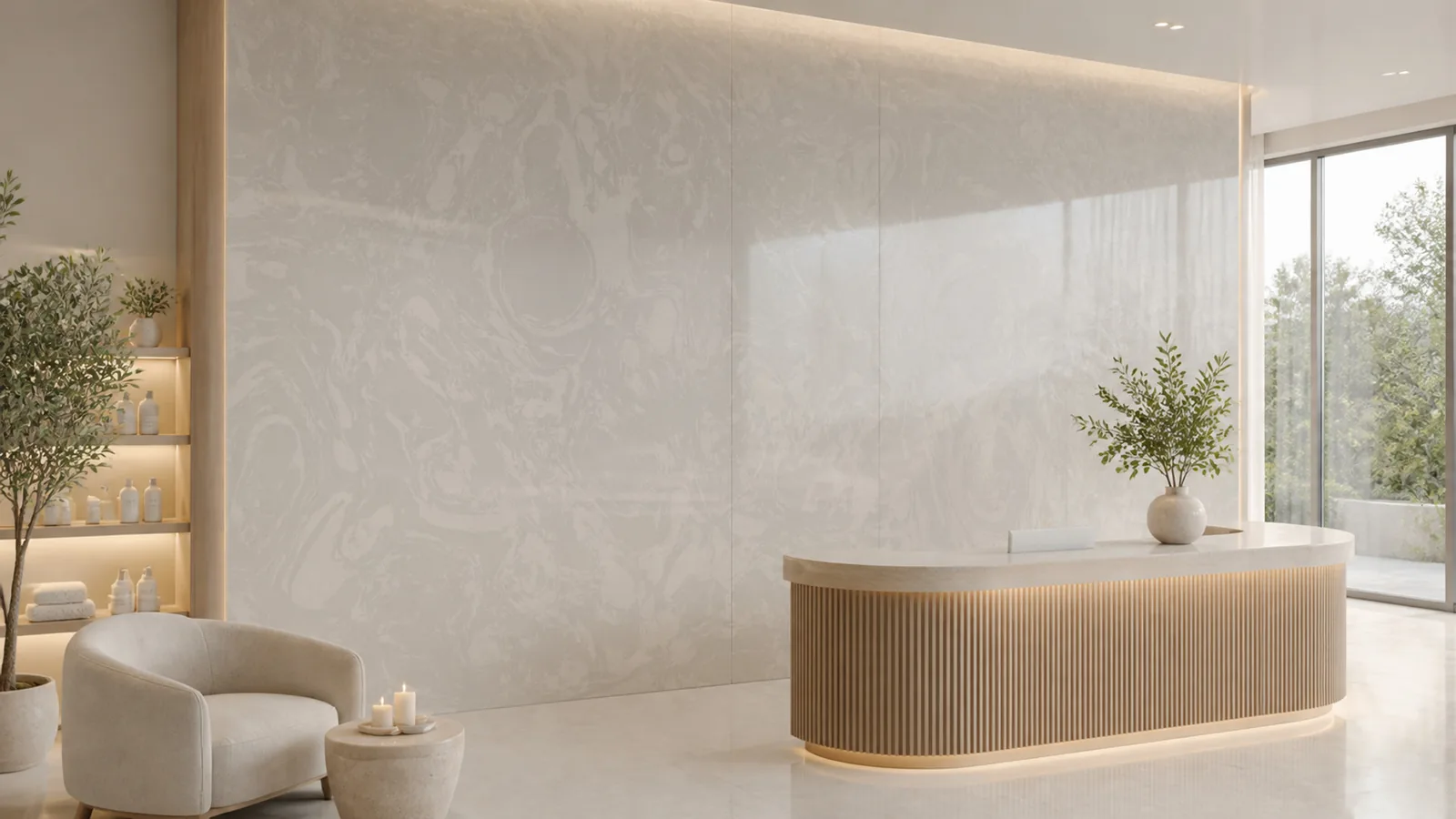 Cloud Gray Circular Swirl Vein Recycled Marble Sintered Stone Slabs for Spa Reception Walls thumbnail 3