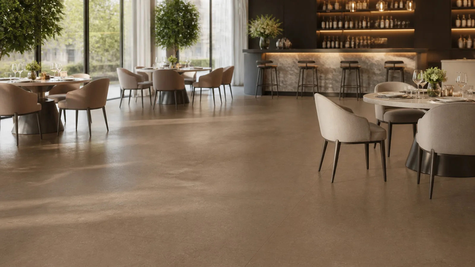 Mocha Brown Subtle Fiber Vein Recycled Marble Sintered Stone Slabs for Restaurant Floors thumbnail 3