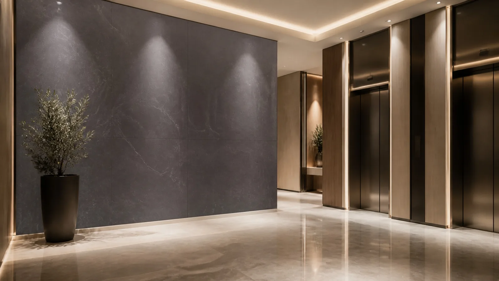 Charcoal Gray Fine Swirl Vein Recycled Marble Sintered Stone Slabs for Elevator Lobby Walls thumbnail 4