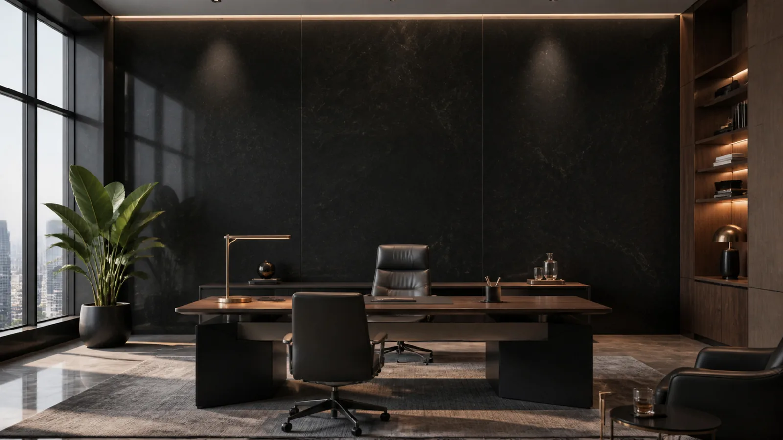 Midnight Black Soft Cloud Vein Recycled Marble Sintered Stone Slabs for Executive Office Walls thumbnail 4
