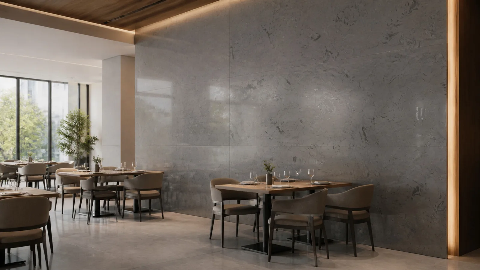 Dark Taupe Organic Fossil Pattern Recycled Marble Sintered Stone Slabs for Restaurant Walls thumbnail 3