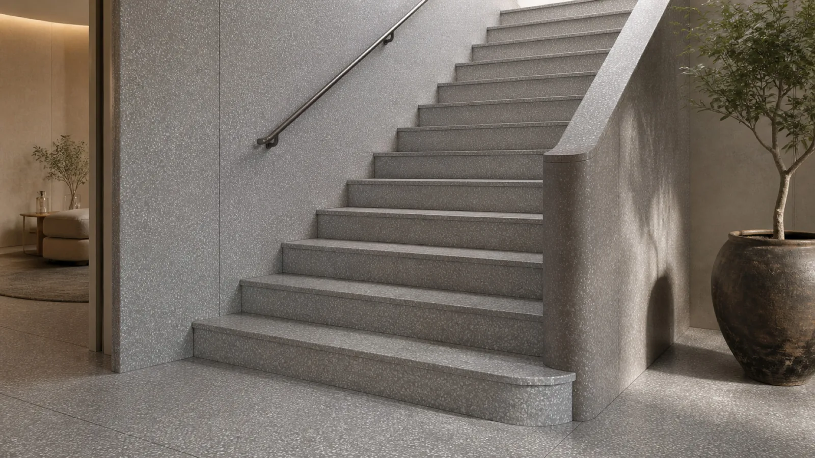 Taupe White-Chip Speckled Sintered Stone Slab for Floors and Stairs thumbnail 4