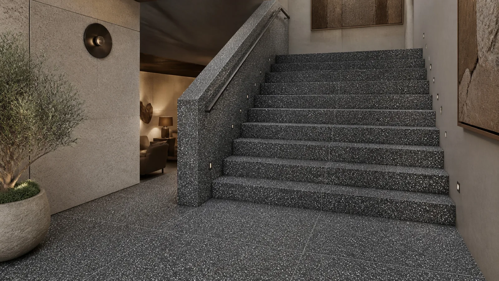 Deep Charcoal Dense White-Speckled Sintered Stone Slab for Floors and Stairs thumbnail 4
