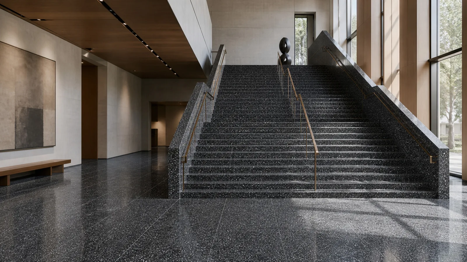 Deep Charcoal Dense White-Speckled Sintered Stone Slab for Floors and Stairs thumbnail 5