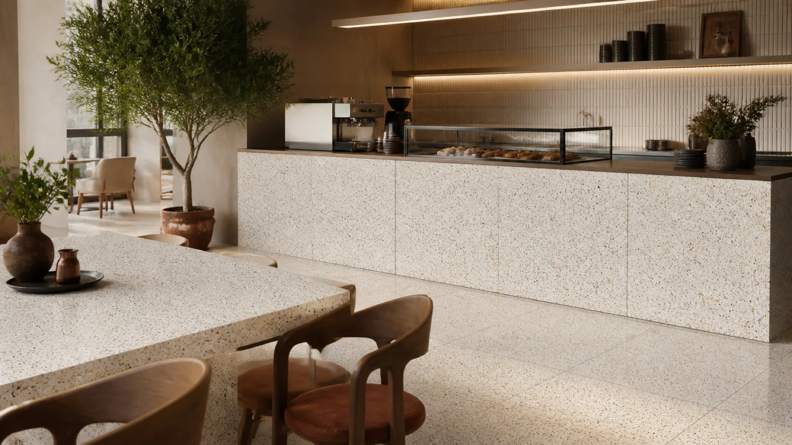 Cream Fine Multicolor-Chip Sintered Stone Slab for Catering Spaces thumbnail 4