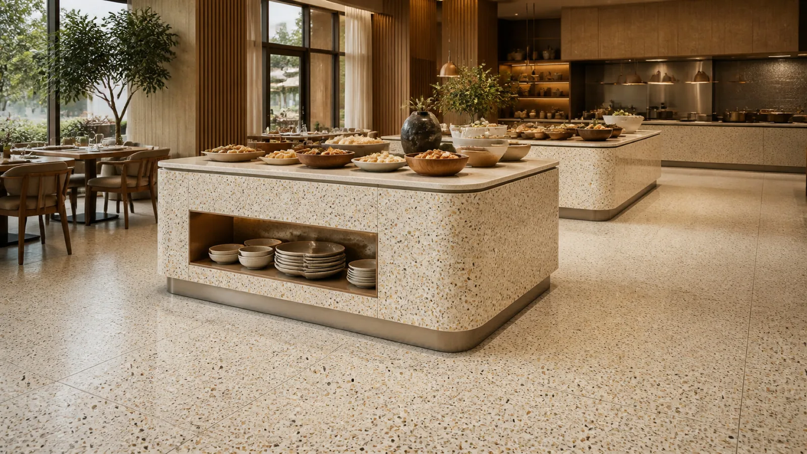 Cream Fine Multicolor-Chip Sintered Stone Slab for Catering Spaces thumbnail 5