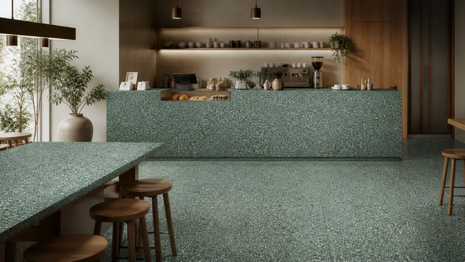 Sea Green Dense Multicolor-Speckled Sintered Stone Slab for Catering Spaces thumbnail 4