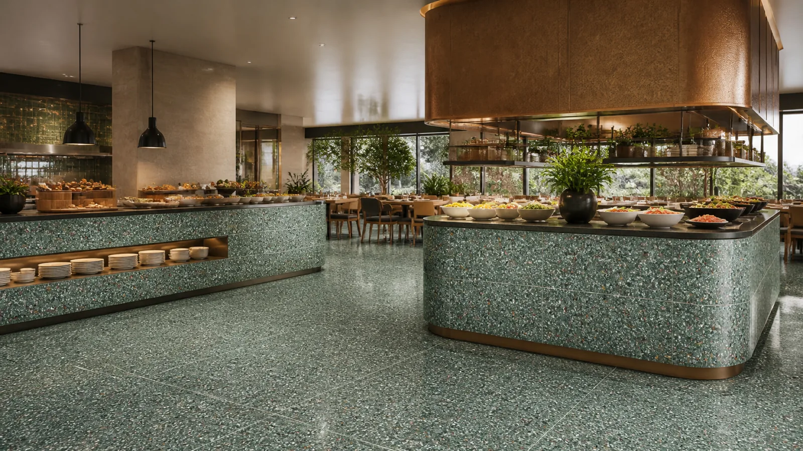 Sea Green Dense Multicolor-Speckled Sintered Stone Slab for Catering Spaces thumbnail 5
