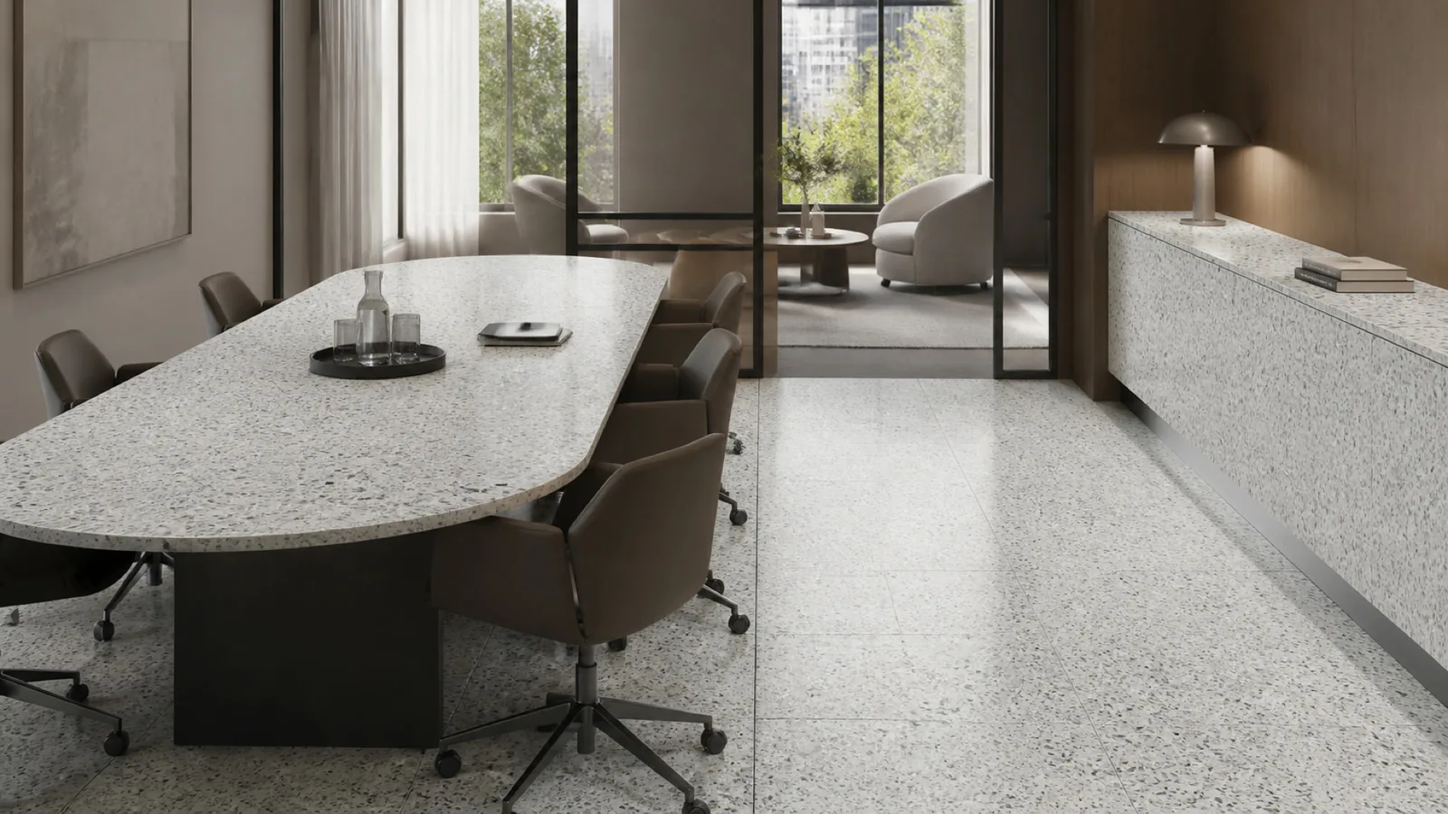 Sage Gray Medium-Stone-Chip Sintered Stone Slab for Business Spaces thumbnail 4