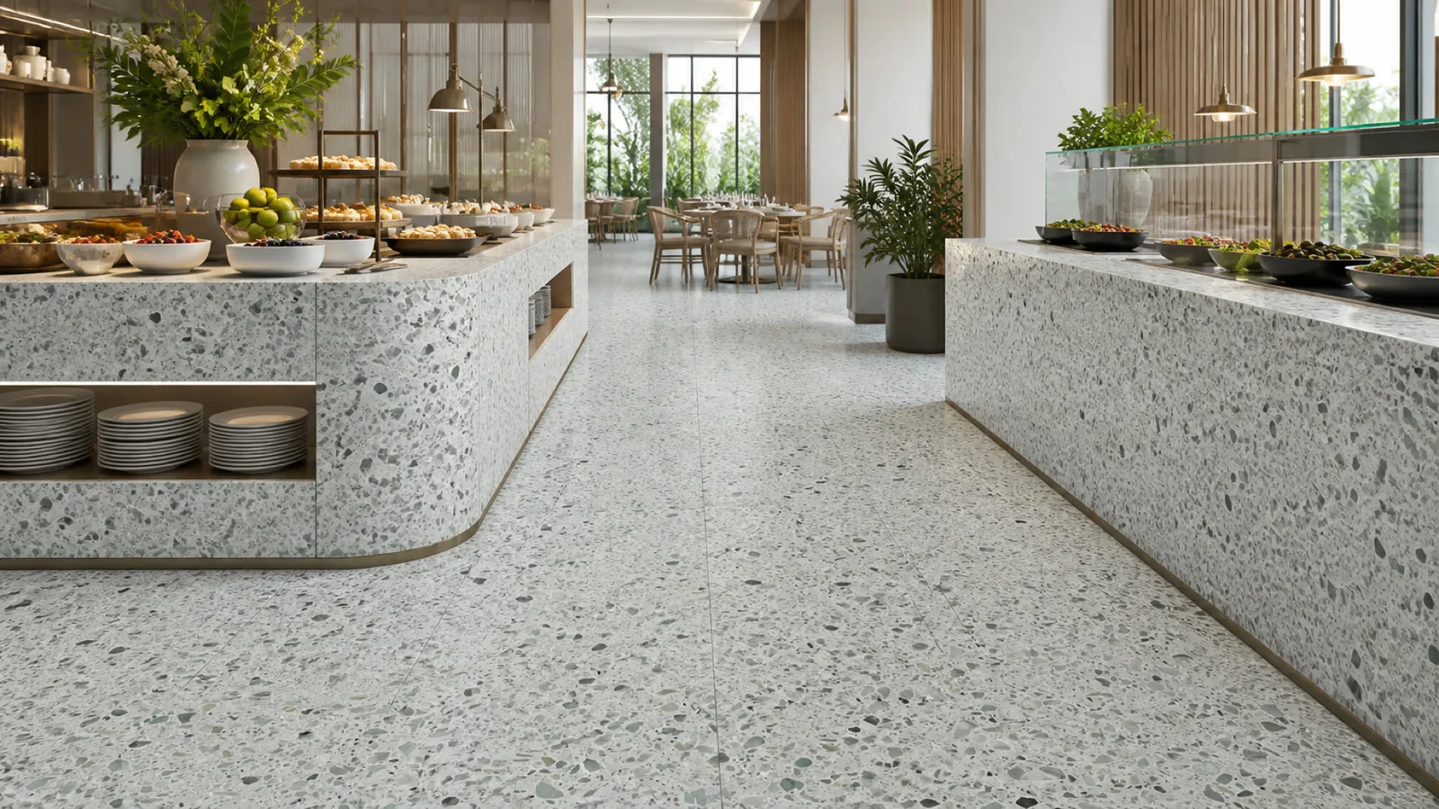 Pale Sage Large Mixed-Chip Sintered Stone Slab for Catering Spaces thumbnail 5