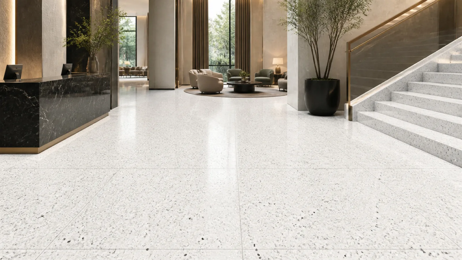 White Medium Dark-Chip Sintered Stone Slab for Floors and Stairs thumbnail 3