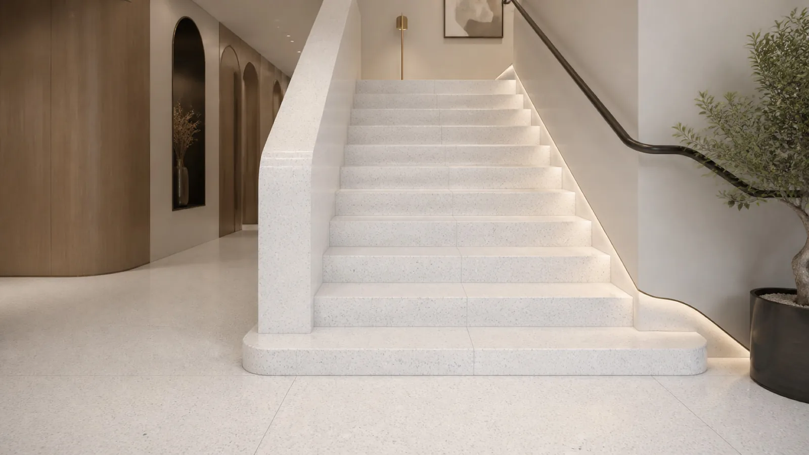 Cool White Fine Gray-Speckled Sintered Stone Slab for Floors and Stairs thumbnail 4