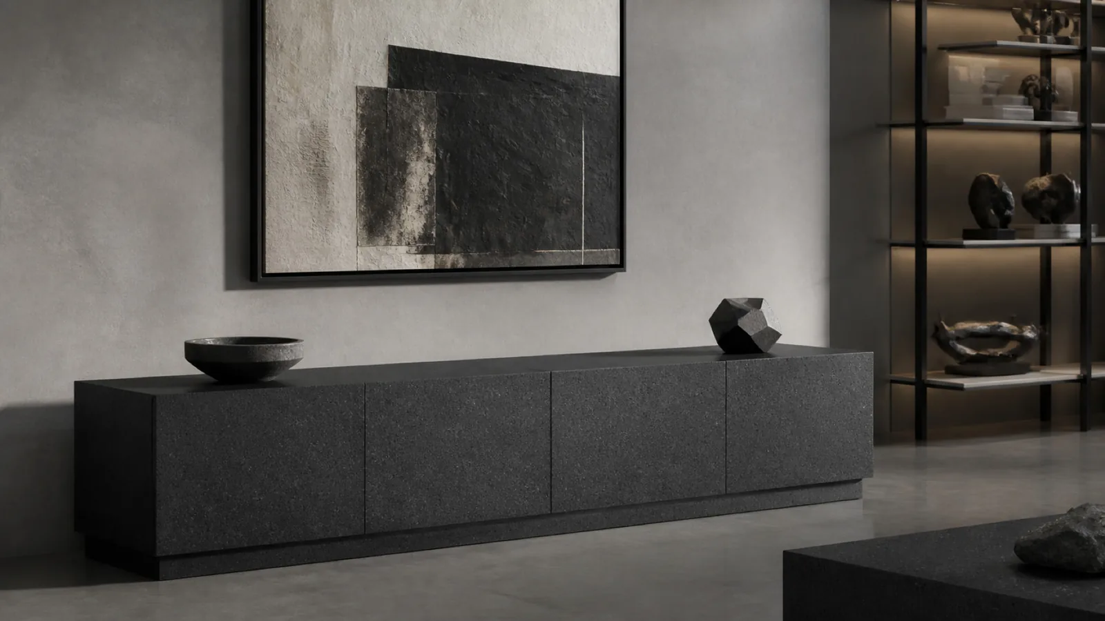 Matte Black Fine Dark-Speckled Sintered Stone Slab for Shelves and Consoles thumbnail 5