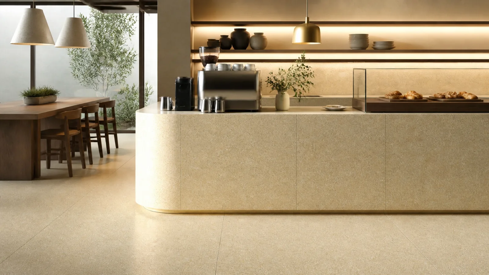 Golden Beige Dense Fine-Aggregate Sintered Stone Slab for Catering Spaces thumbnail 4