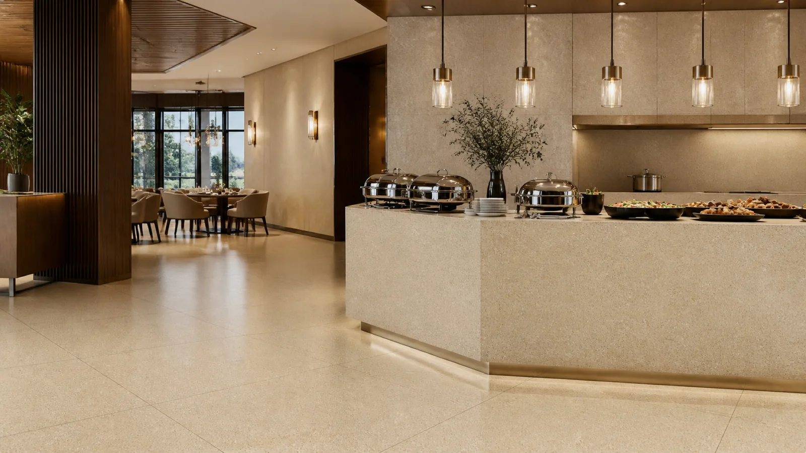 Golden Beige Dense Fine-Aggregate Sintered Stone Slab for Catering Spaces thumbnail 5