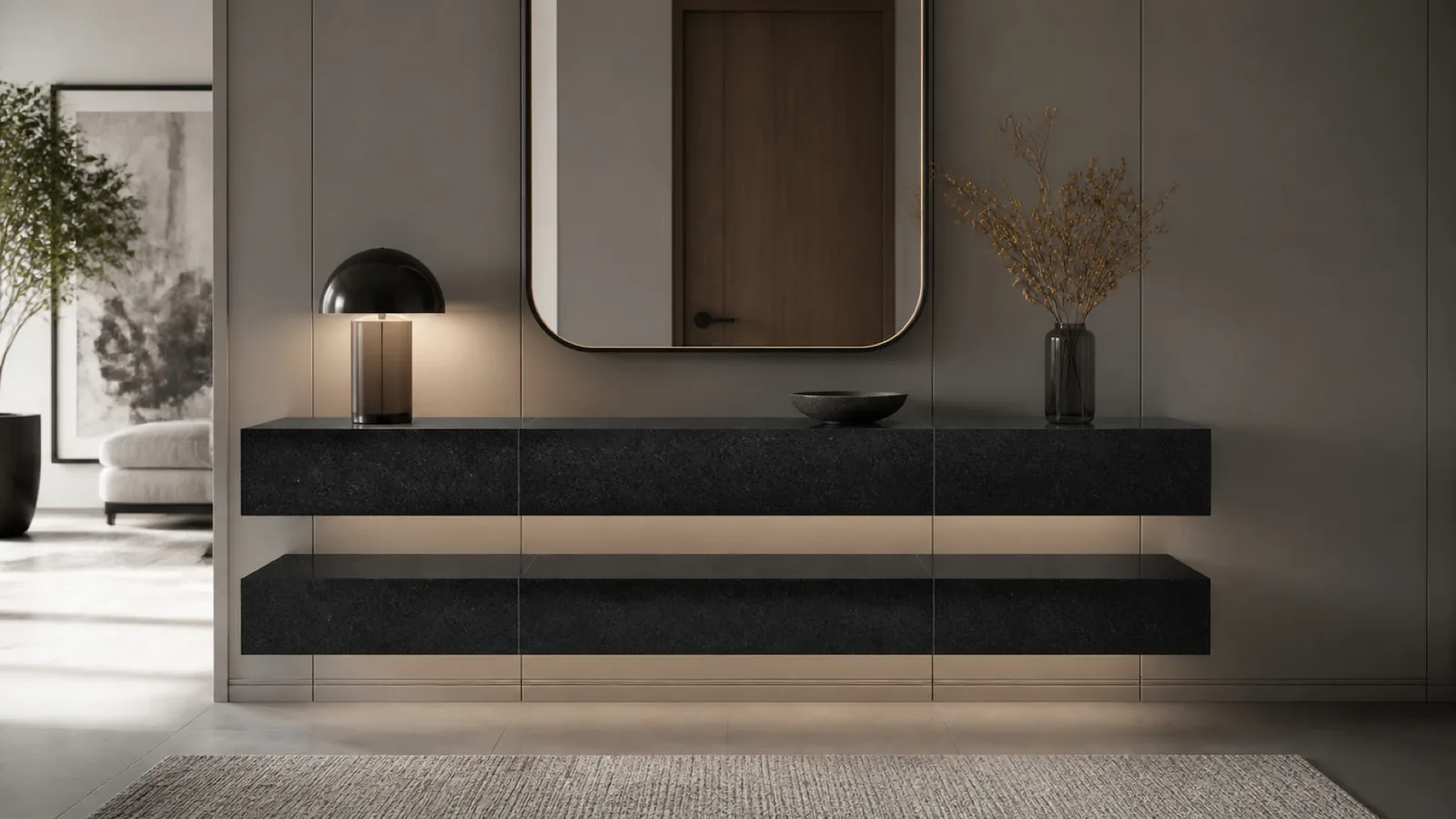 Deep Black Minimal Fine-Grain Sintered Stone Slab for Shelves and Consoles thumbnail 4