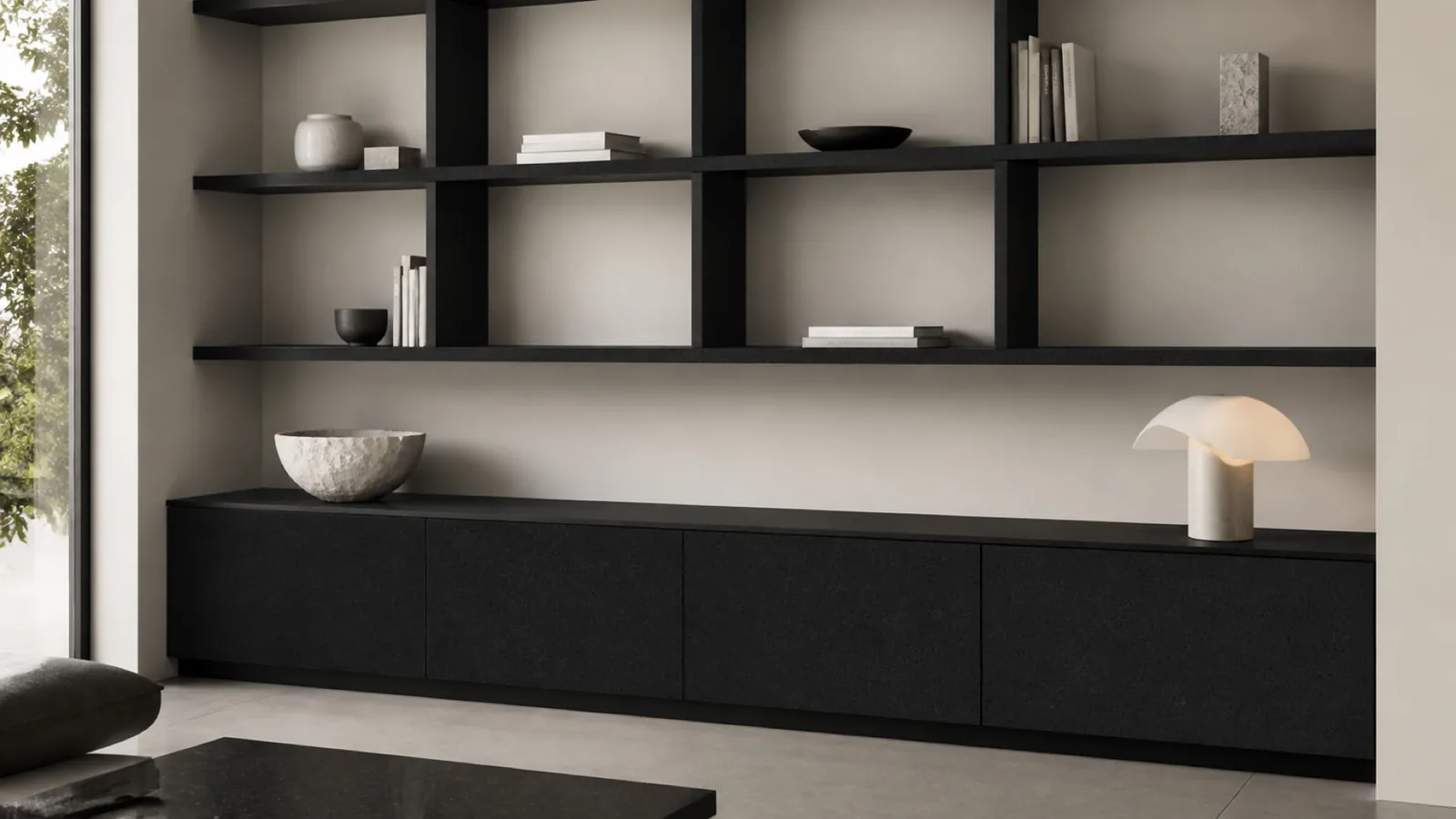 Deep Black Minimal Fine-Grain Sintered Stone Slab for Shelves and Consoles thumbnail 5