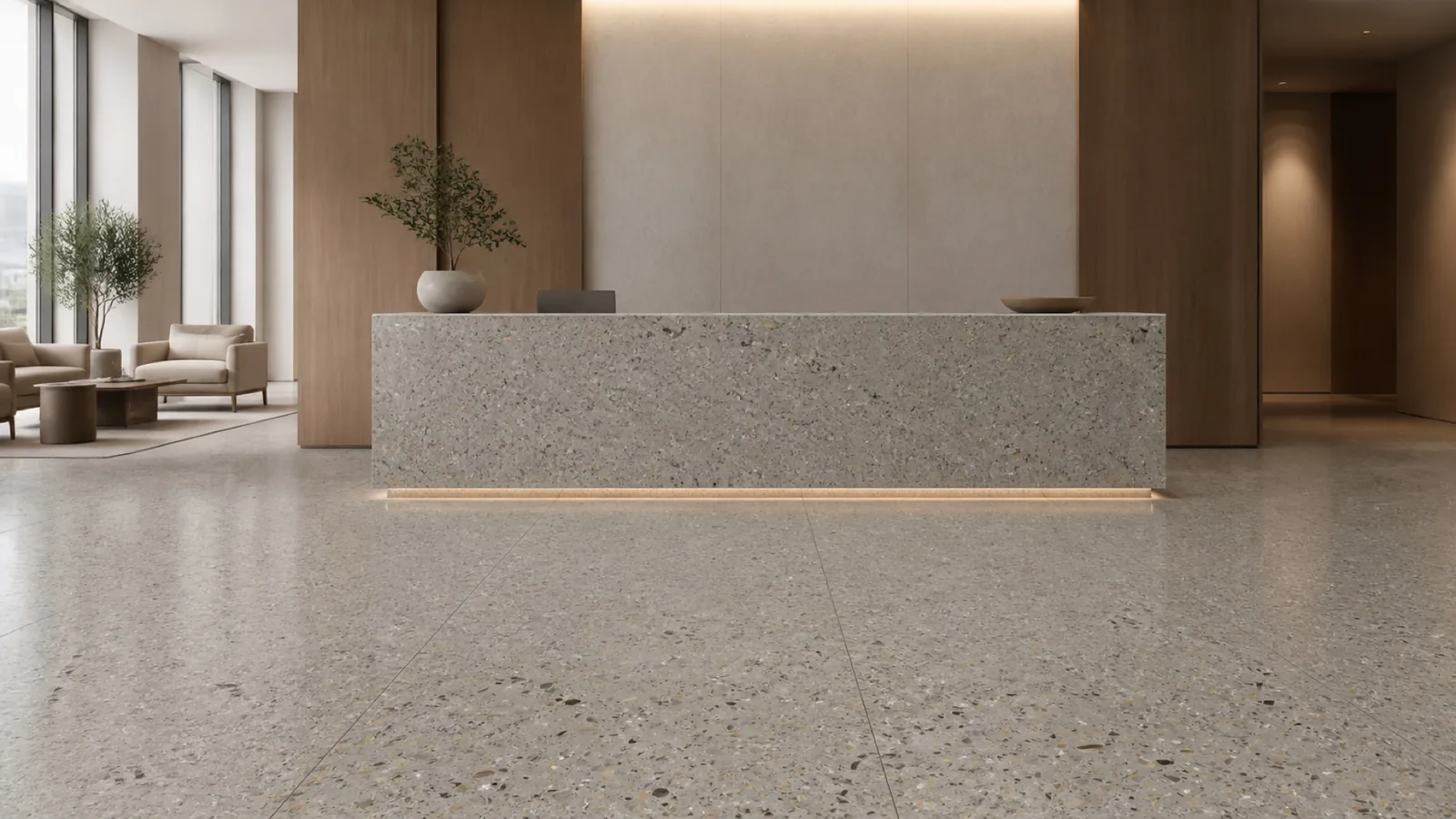 Taupe Gray Medium Mixed-Chip Sintered Stone Slab for Business Spaces thumbnail 3