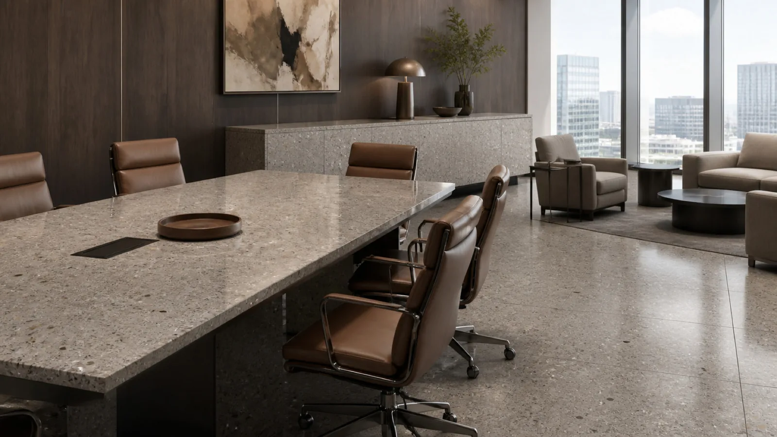 Taupe Gray Medium Mixed-Chip Sintered Stone Slab for Business Spaces thumbnail 4