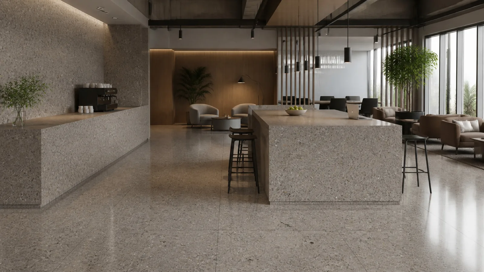Taupe Gray Medium Mixed-Chip Sintered Stone Slab for Business Spaces thumbnail 5