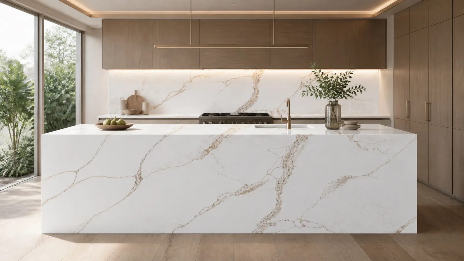 LX7105 Ivory White Gold Calacatta Vein Engineered Quartz Stone Slab thumbnail 4