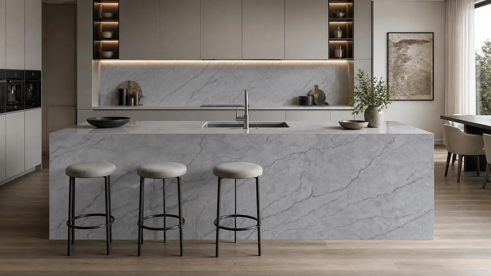 LX7160 Ash Gray Diagonal Fine Vein Engineered Quartz Stone Slab thumbnail 4