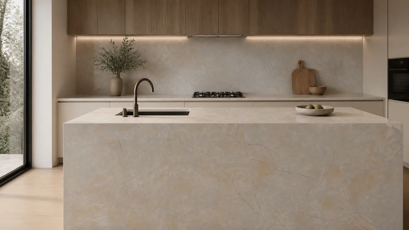 LX7180 Warm Beige Copper Crackle Vein Engineered Quartz Stone Slab thumbnail 4