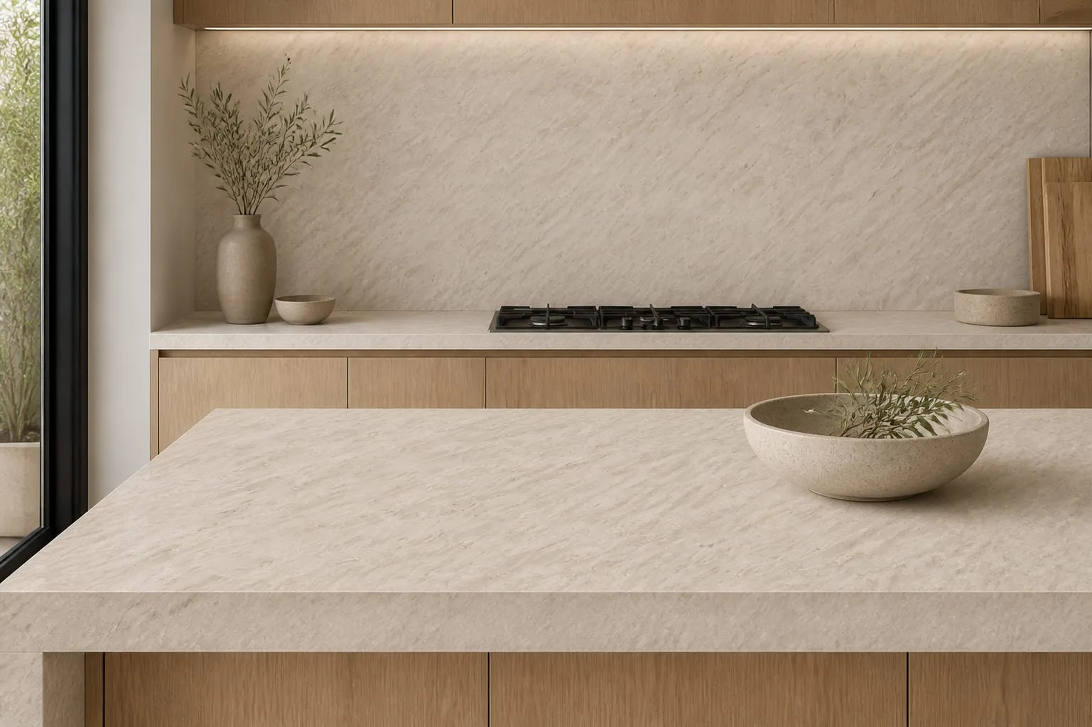 Warm Beige Feathered Brush Engineered Quartz Stone Slab for Kitchen and Interior Design thumbnail 3