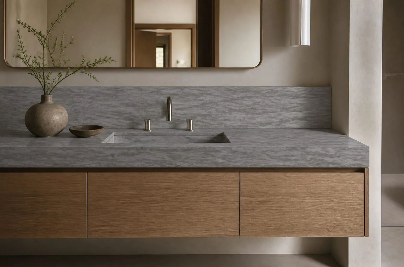 Charcoal Gray Linear Wave Engineered Quartz Stone Slab for Bathroom and Interior Design thumbnail 5