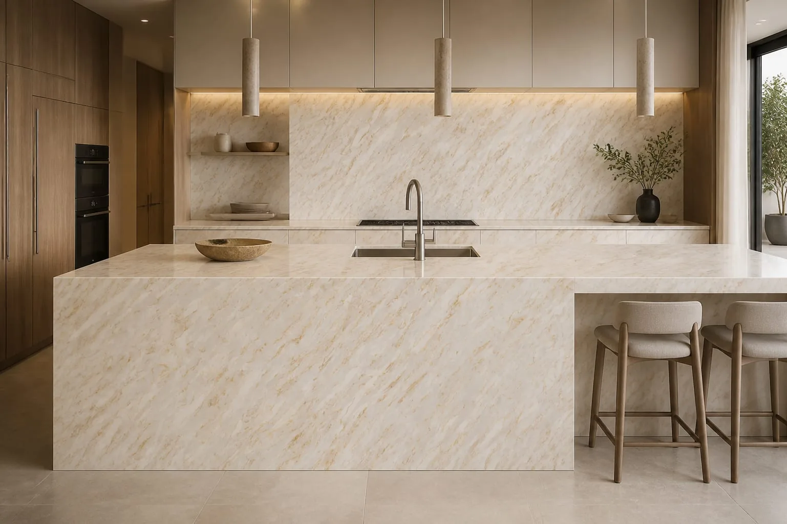 Ivory Gold Feathered Wave Engineered Quartz Stone Slab for Kitchen and Interior Design thumbnail 3