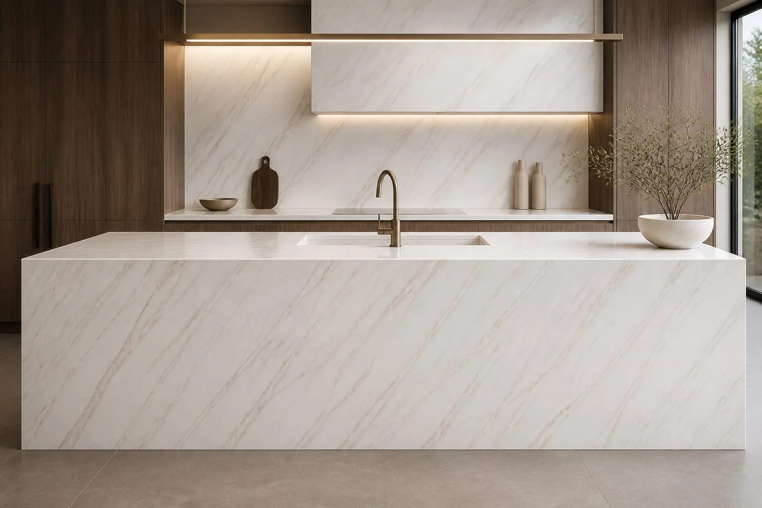 Snow White Golden Linear Vein Engineered Quartz Stone Slab for Kitchen and Interior Design thumbnail 3