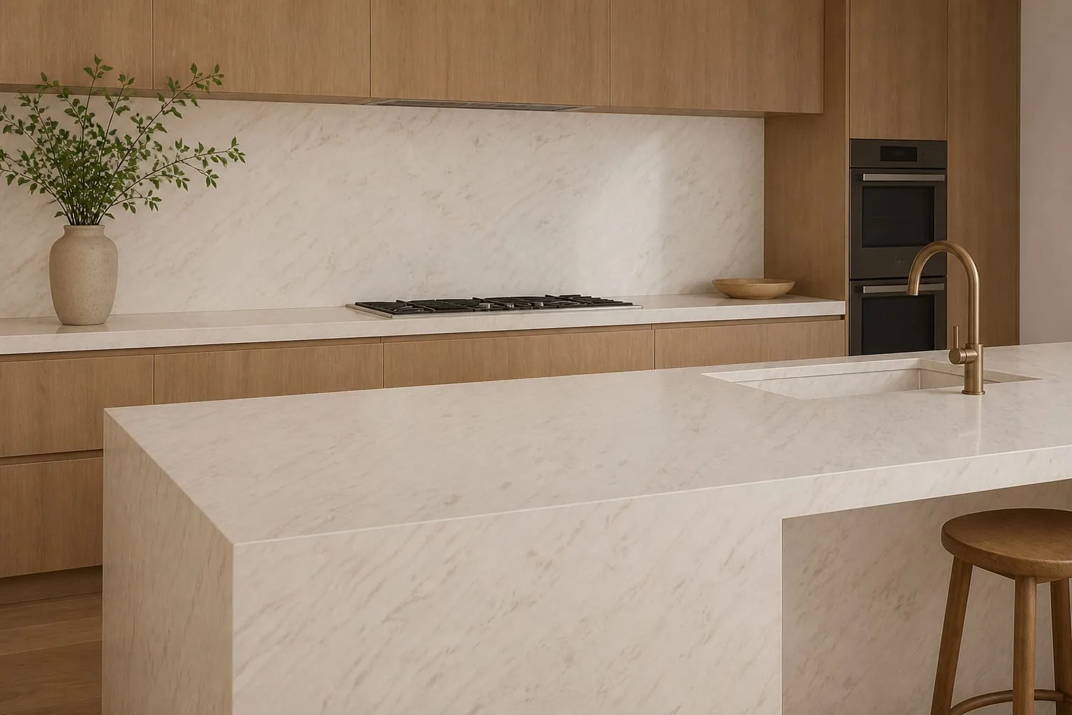 Warm Cream Feathered Wave Engineered Quartz Stone Slab for Kitchen and Interior Design thumbnail 3