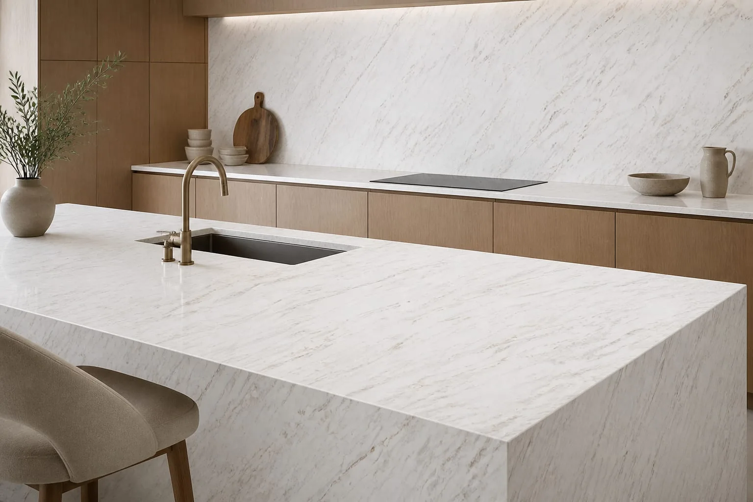 Ivory Brown Feathered Wave Engineered Quartz Stone Slab for Kitchen and Interior Design thumbnail 3