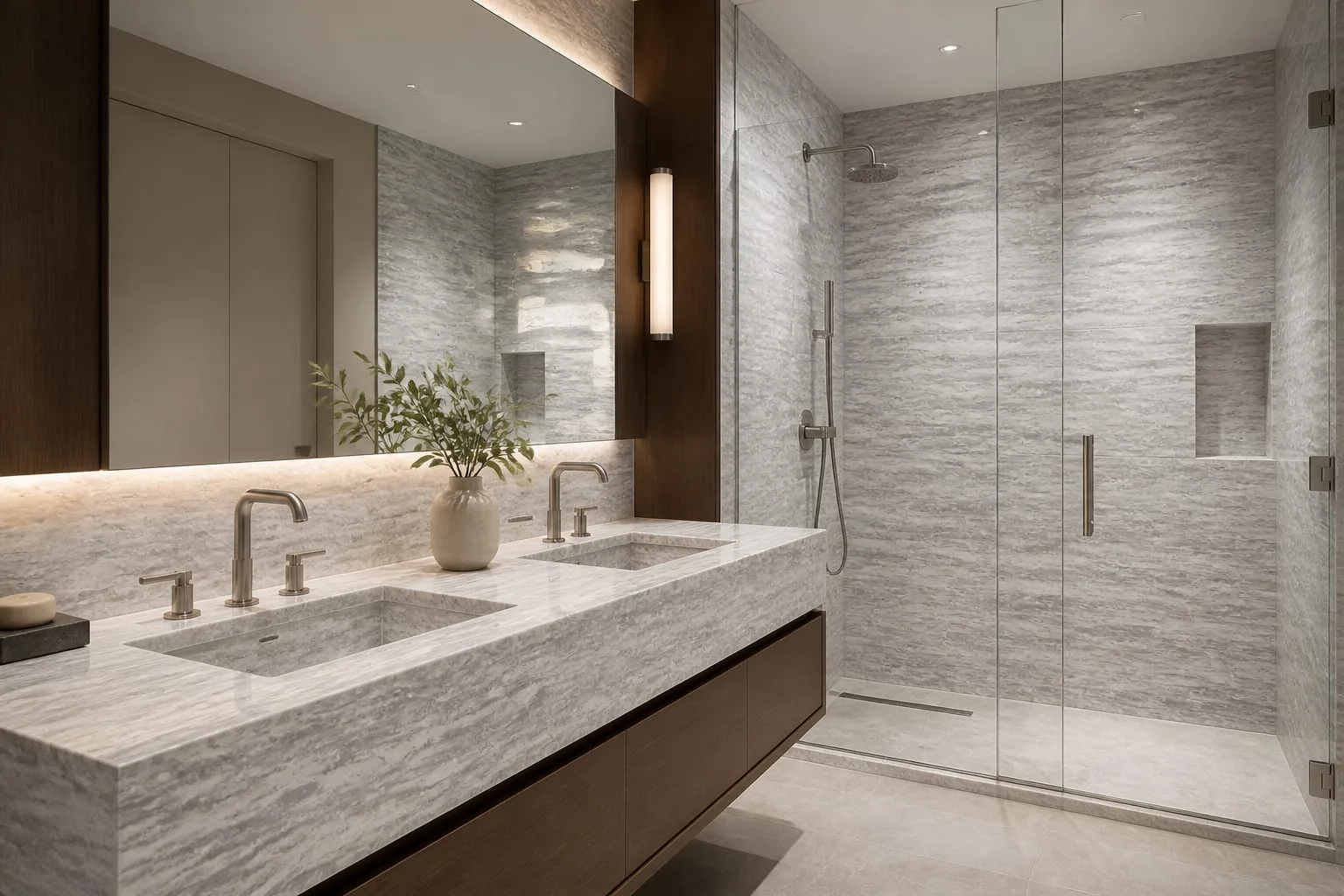 Silver Gray Layered Wave Engineered Quartz Stone Slab for Bathroom and Interior Design thumbnail 5