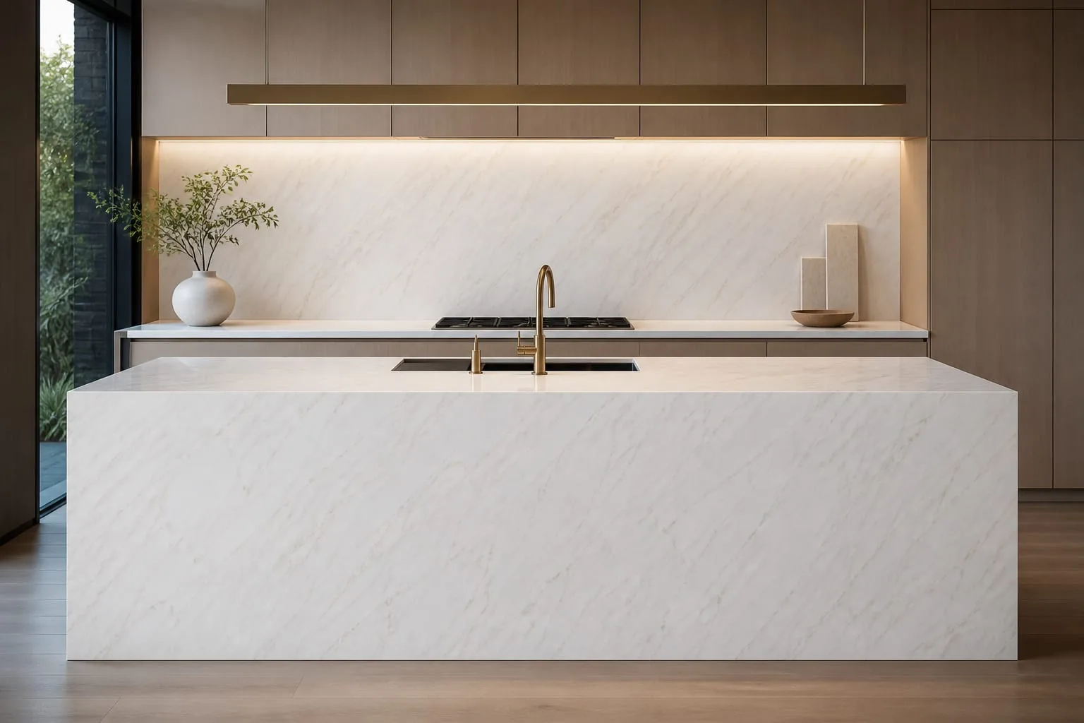 Warm White Golden Linear Vein Engineered Quartz Stone Slab for Kitchen and Interior Design thumbnail 3