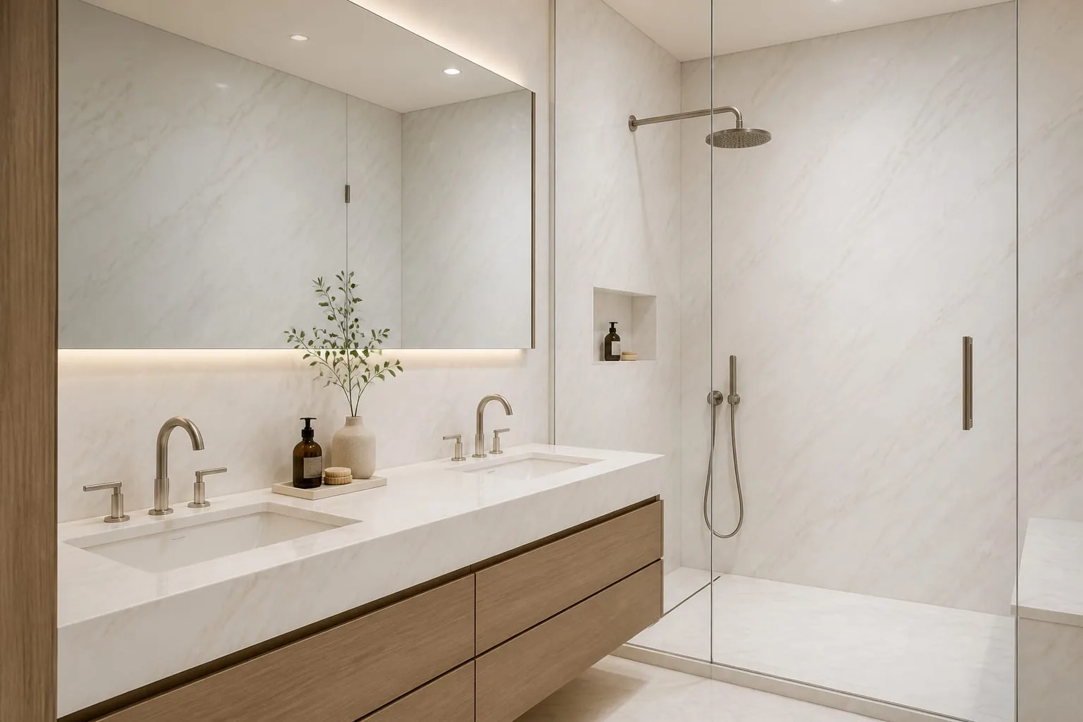 Warm White Golden Linear Vein Engineered Quartz Stone Slab for Kitchen and Interior Design thumbnail 4