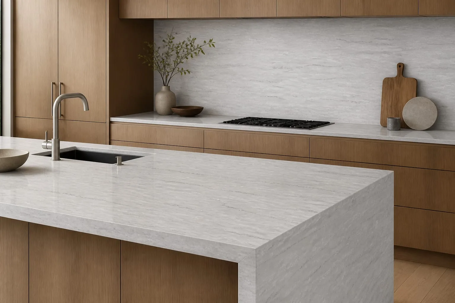 Ash Gray Brushed Layer Engineered Quartz Stone Slab for Kitchen and Interior Design thumbnail 3