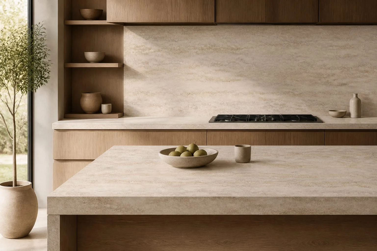 Warm Beige Horizontal Travertine Engineered Quartz Stone Slab for Kitchen and Interior Design thumbnail 3