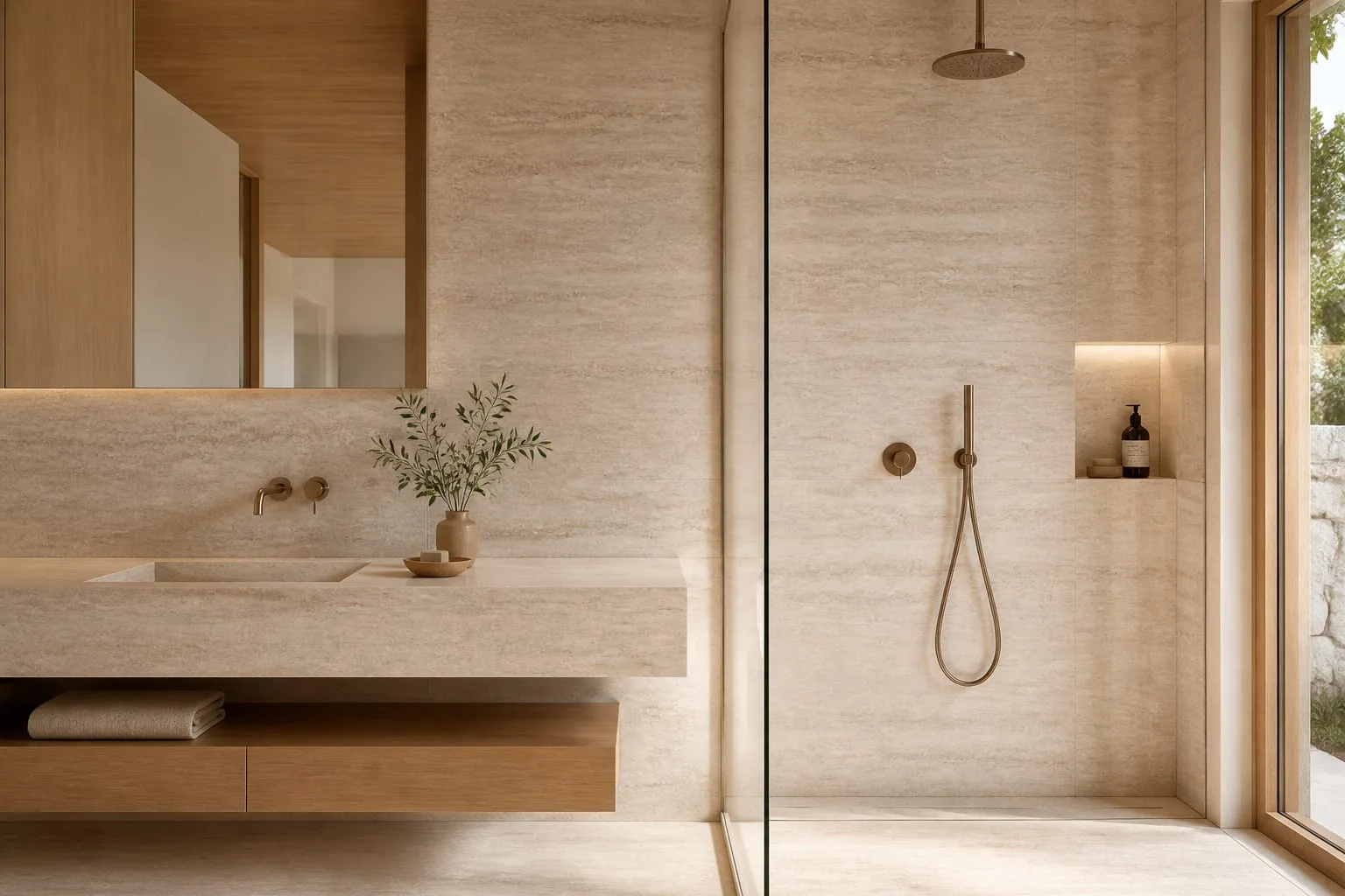 Warm Beige Horizontal Travertine Engineered Quartz Stone Slab for Kitchen and Interior Design thumbnail 5